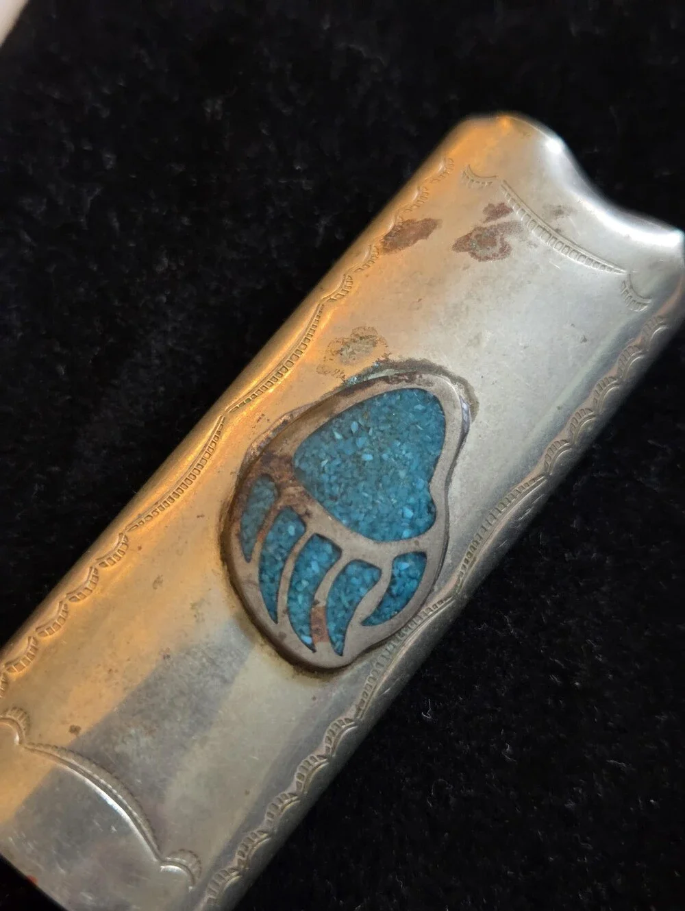 Vintage Alpaca Silver Bic Lighter Cover Inlaid Turquoise Bear Paw Distressed